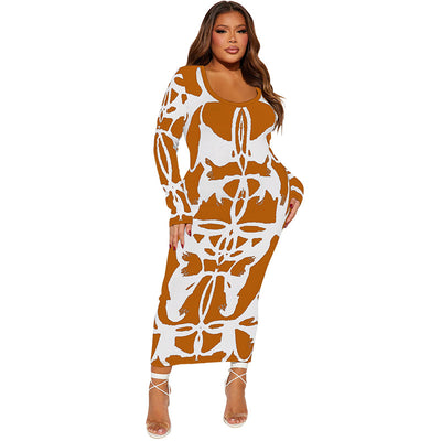 Plus Size Women Clothing Sexy U Collar Long Sleeve Dress