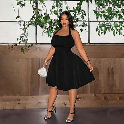 Plus Size Women Square Collar Halter Dress High Grade Waist Controlled A Line Slimming Short Dress